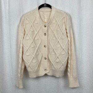Granny Chic Cream Fisherman’s Cable Knit Women's Cardigan Sweater sz Large